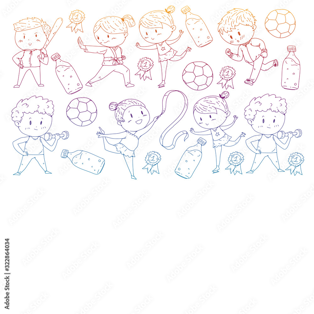 Children and sport. Vector illustration of activities. Football, soccer, running, dancing, martial arts. Health care in school and kindergarten. Children and sport. Vector illustration of activities. Football, soccer, running, dancing, martial arts. Health care in school and kindergarten.