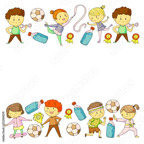 Children and sport. Vector illustration of activities. Football, soccer, running, dancing, martial arts. Health care in school and kindergarten.