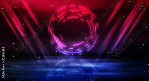 Dark abstract futuristic background. The geometric shape of the cyber circle in the middle of the scene. Neon blue-pink rays of light on a dark background