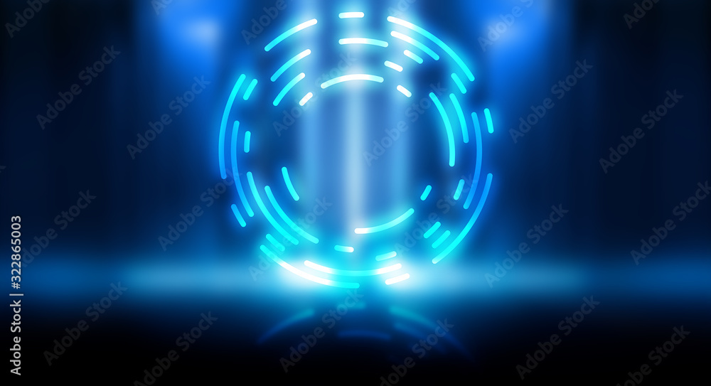 Dark abstract futuristic background. The geometric shape of the cyber circle in the middle of the scene. Neon blue-pink rays of light on a dark background Dark abstract futuristic background. The geometric shape of the cyber circle in the middle of the scene. Neon blue-pink rays of light on a dark background