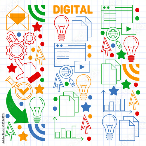 Digital marketing pattern with vector icons. Management, start up, business, internet technology.