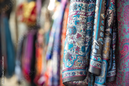 Traditional oriental cloth scarf sold in a store in old town Sheki, Azerbaijan.