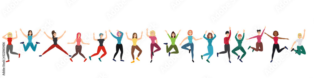 Young and dancing cheerful girls in different poses isolated on white background. Women with different hair colors and hairstyles. Jumping up. Stock vector illustration for decoration and design