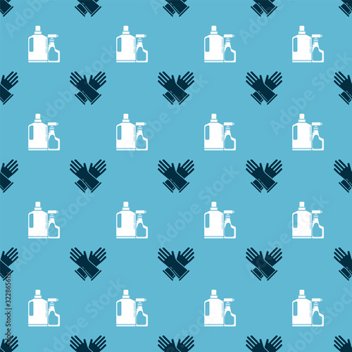 Set Rubber gloves and Plastic bottles for liquid dishwashing liquid on seamless pattern. Vector