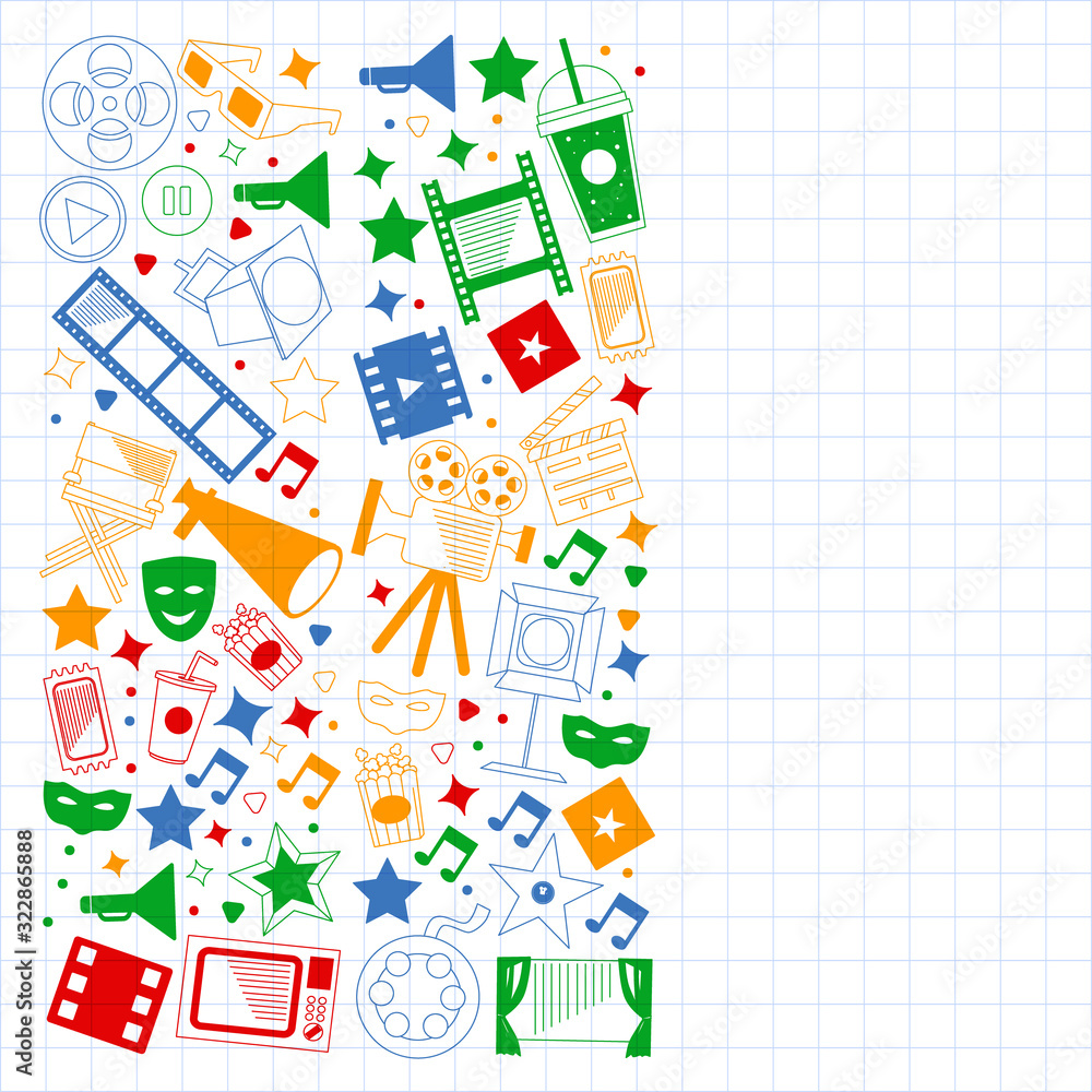 Vector pattern with cinema icons. Movie Theater, TV, popcorn, video clips, musical Vector pattern with cinema icons. Movie Theater, TV, popcorn, video clips, musical