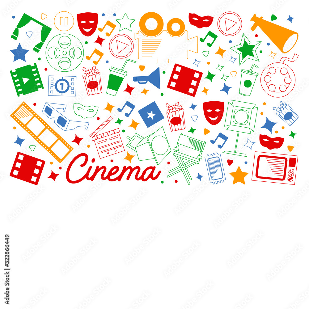 Vector pattern with cinema icons. Movie Theater, TV, popcorn, video clips, musical