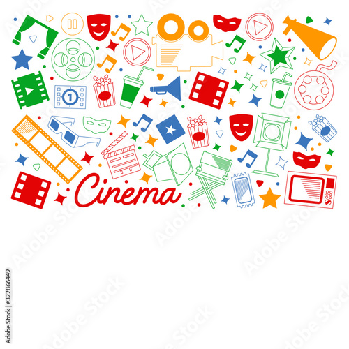 Vector pattern with cinema icons. Movie Theater, TV, popcorn, video clips, musical