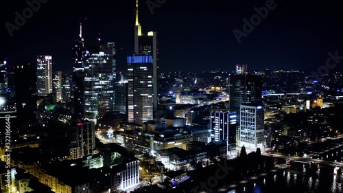 Aerial View Frankfurt skyscrapers financial district at night in 4k