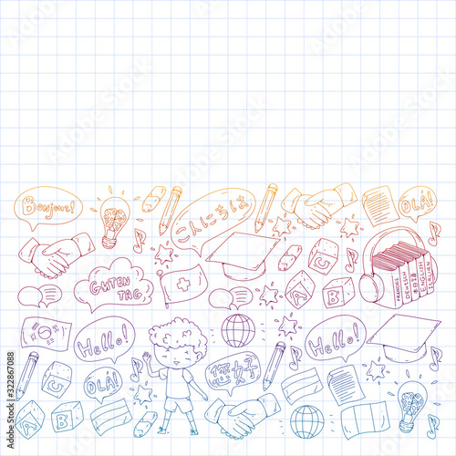 Dialog clouds with HELLO Vector pattern for language class, online courses. English, arabic, italian, japanese, spanish, chinese, german.