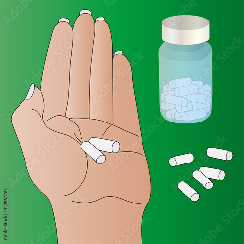 Lady holds medicine in the palm of her hand. Vector illustration. Female hand, pills and tube with medicines. Bright skin. Isolated green background. Medicines prescribed by your doctor.  