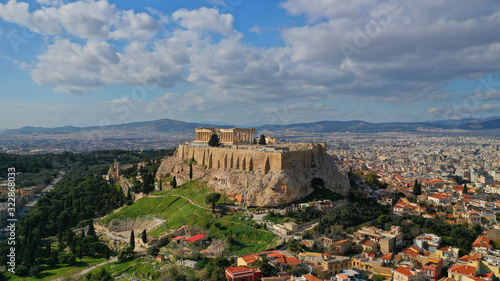 Canvas Print Aerial drone photo of Masterpiece Acropolis hill and the Parthenon and theatre o