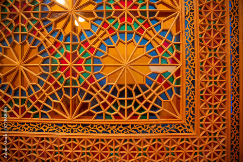 Photo of artisans workshop in Sheki, Azerbaijan. Shabaka Azerbaijan traditional stained glass technique using wood without nails and glue.