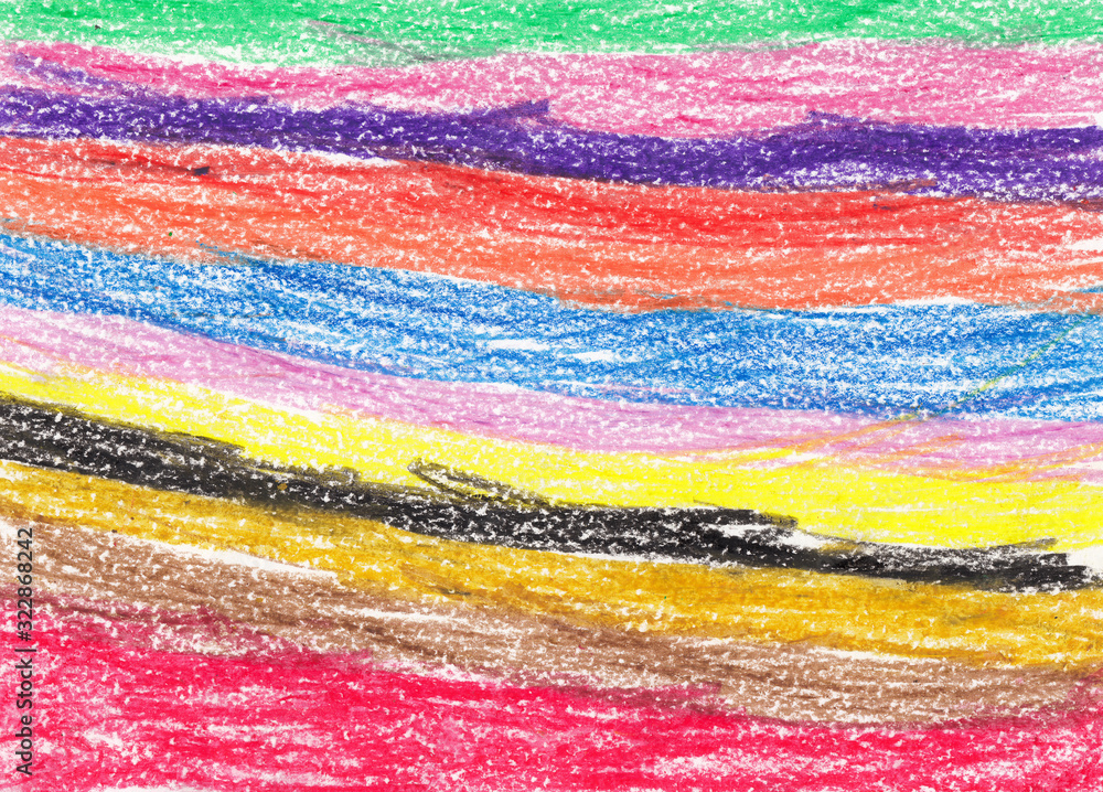 Wax crayon stroikes - abstract bacground with colorful horizontal lines of different colours on paper, crayon texture