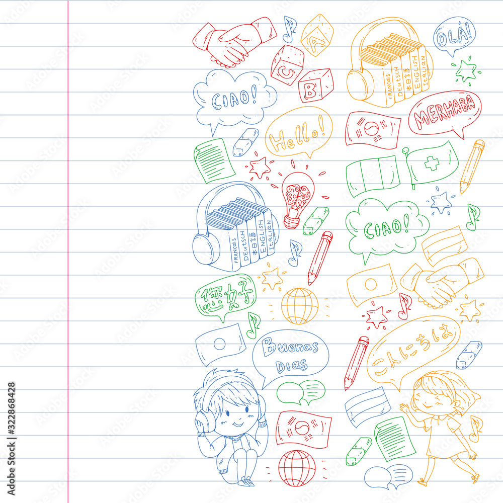 Dialog clouds with HELLO Vector pattern for language class, online courses. English, arabic, italian, japanese, spanish, chinese, german. Dialog clouds with HELLO Vector pattern for language class, online courses. English, arabic, italian, japanese, spanish, chinese, german.