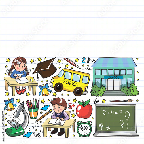 Back to School. Vector pattern with icons and children.