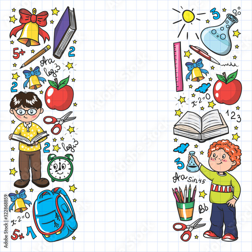 Back to School. Vector pattern with icons and children.