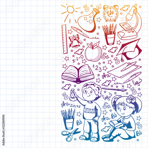 Back to School. Vector pattern with icons and children.