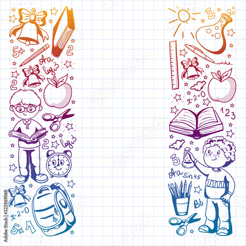 Back to School. Vector pattern with icons and children.