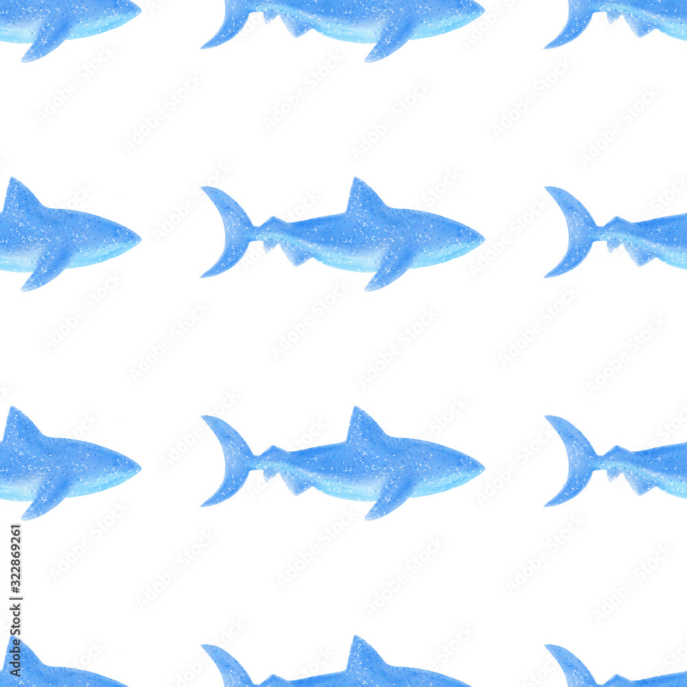 Naklejka premium Blue sharks seamless pattern. Digital illustration. Stock image.