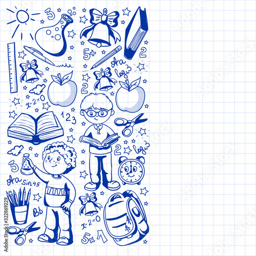 Back to School. Vector pattern with icons and children.