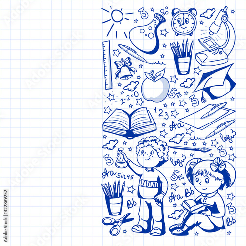 Back to School. Vector pattern with icons and children.