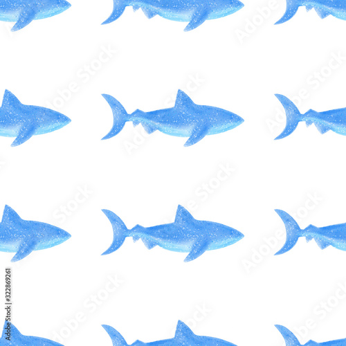 Blue sharks seamless pattern. Digital illustration. Stock image.