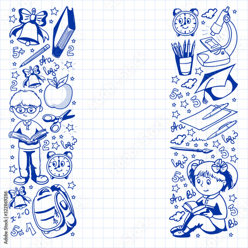 Back to School. Vector pattern with icons and children.