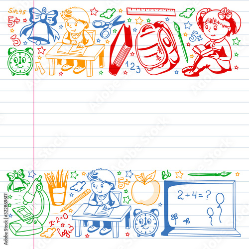 Back to School. Vector pattern with icons and children.