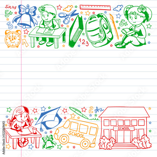 Back to School. Vector pattern with icons and children.