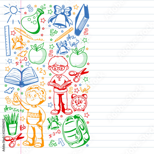 Back to School. Vector pattern with icons and children.