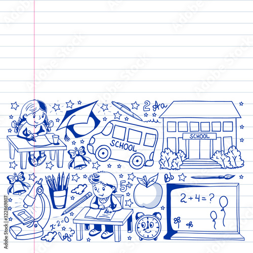 Back to School. Vector pattern with icons and children.