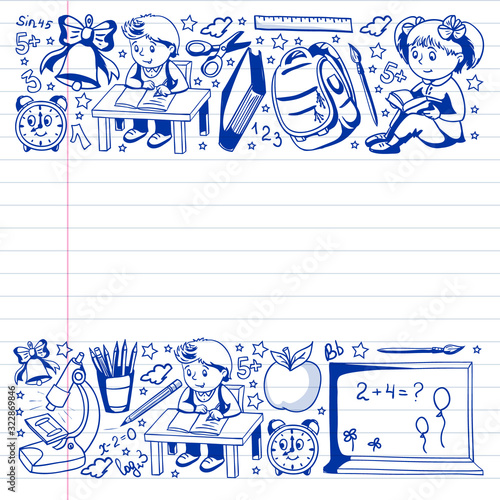 Back to School. Vector pattern with icons and children.