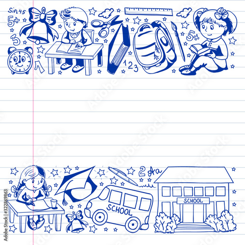 Back to School. Vector pattern with icons and children.