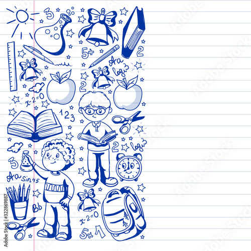Back to School. Vector pattern with icons and children.
