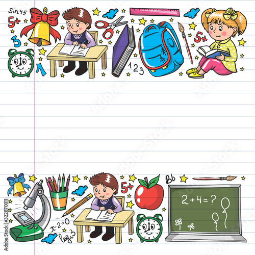 Back to School. Vector pattern with icons and children.