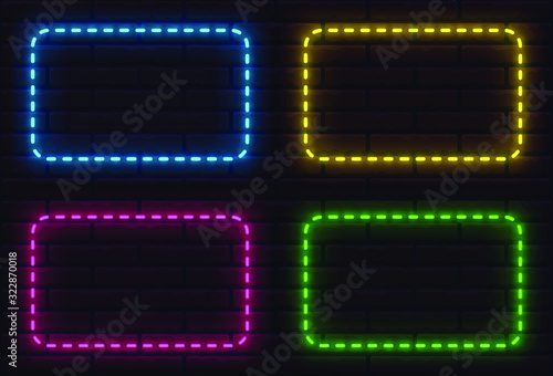set of editable attractive realistic shining blue yellow pink green neon decorative frames on a dark brickwall background for advertising and graphic design