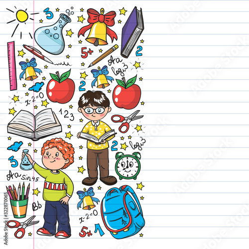 Back to School. Vector pattern with icons and children.