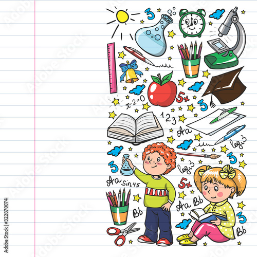 Back to School. Vector pattern with icons and children.