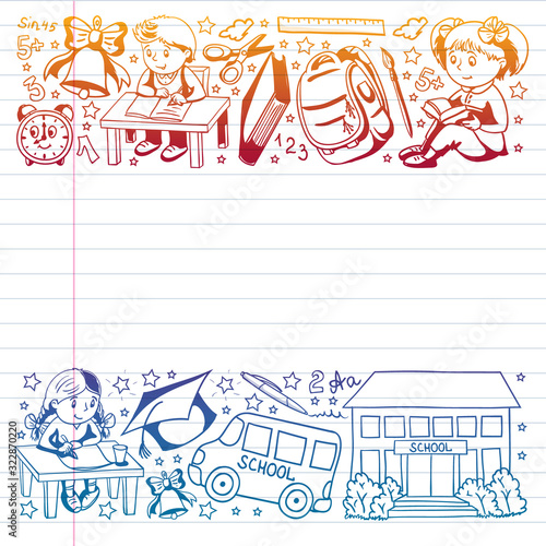 Back to School. Vector pattern with icons and children.