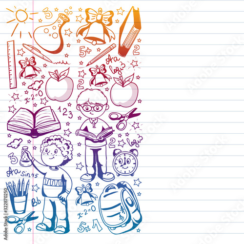 Back to School. Vector pattern with icons and children.