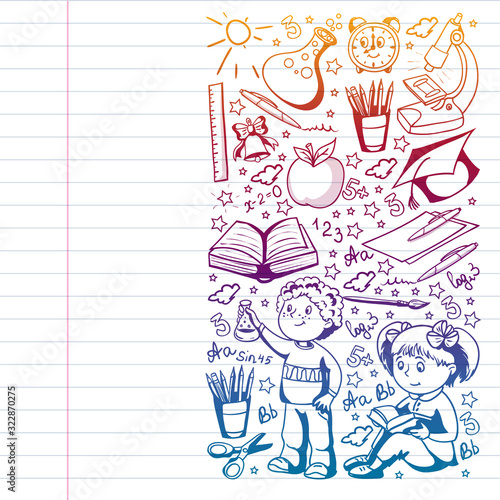 Back to School. Vector pattern with icons and children.