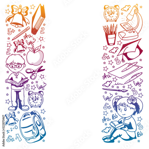 Back to School. Vector pattern with icons and children.