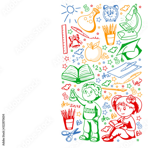 Back to School. Vector pattern with icons and children.