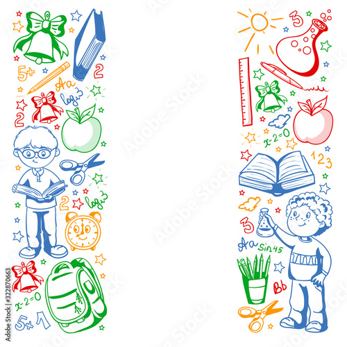 Back to School. Vector pattern with icons and children.