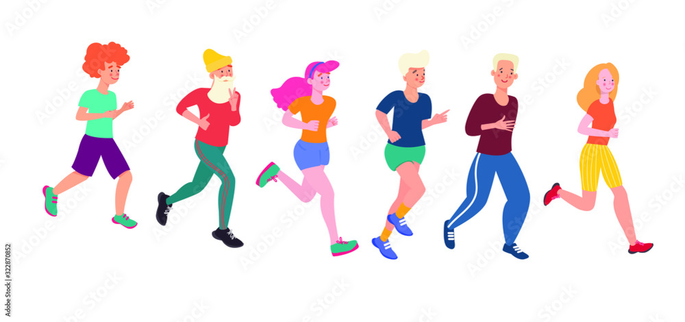 Men and women dressed in sports clothes running marathon race. Marathon race group. Flat cartoon characters isolated on white background. 