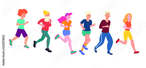 Men and women dressed in sports clothes running marathon race. Marathon race group. Flat cartoon characters isolated on white background. 