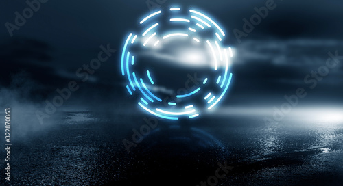 Dark futuristic scene with a geometric figure cyber circle in the center. Neon abstract background, futuristic landscape.
