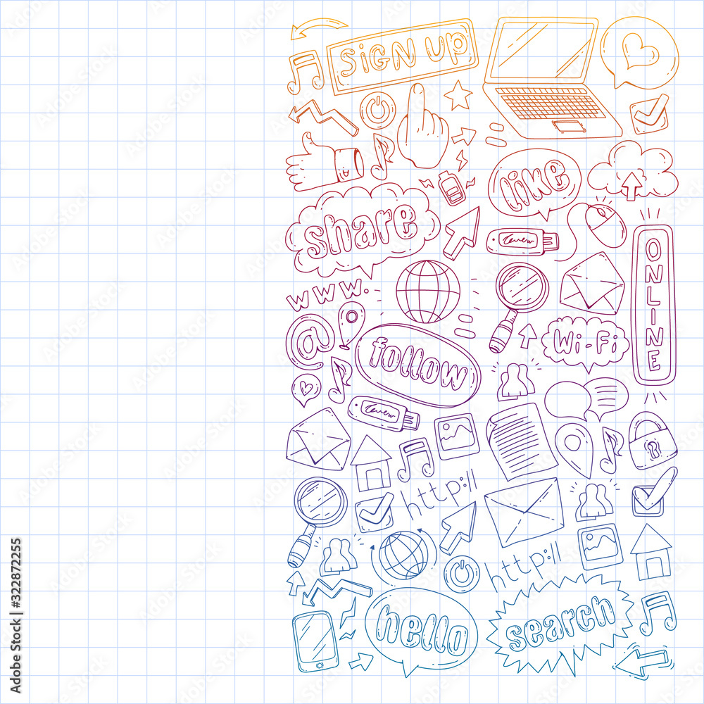 Social media, business, management vector icons. Internet marketing, communications. Social media, business, management vector icons. Internet marketing, communications.