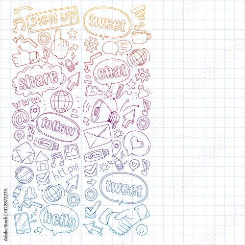 Social media, business, management vector icons. Internet marketing, communications.