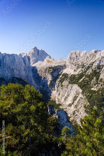 Fototapeta Naklejka Na Ścianę i Meble -  Beautiful view towards Jalovec mountain on Slemenova spica plateau in Slovenia